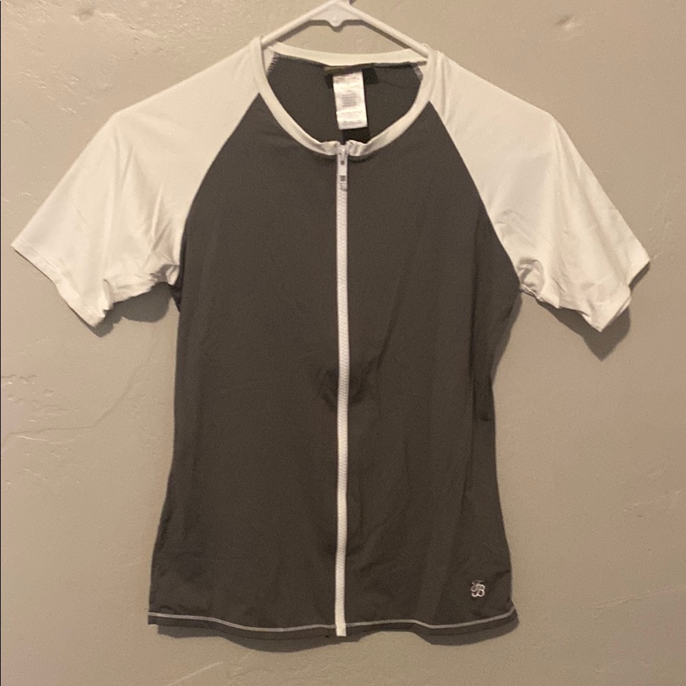 Tommy Bahama Gray and White Zip-Up Shirt Woman Small